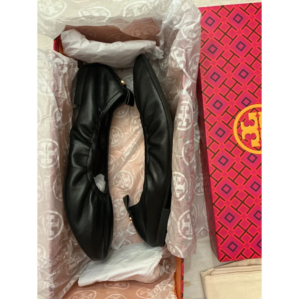 Tory Burch Black Leather Eddie Ballet 2.0‎ Flats Women's Size 5.5 New With Tags